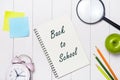 School stationery or office supplies on wood background. Royalty Free Stock Photo