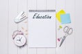 School stationery or office supplies on wood background. Royalty Free Stock Photo