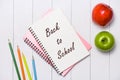 School stationery or office supplies on wood background. Royalty Free Stock Photo