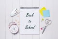 School stationery or office supplies on wood background. Royalty Free Stock Photo