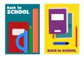 School stationery, pencil, marker, spring notebook, book with bookmark, ruler, protractor. Back to school text. Set of