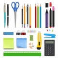 School stationery. Pencil sharp pen eraser calculator knife and stapler vector realistic collection