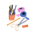 School stationery. Scissors, pencils and pens in holder box. Shears, tapes, DIY and craft supplies, accessories, art