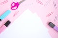 School stationery and supplies on pink background. Back to school Royalty Free Stock Photo