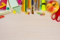 School stationery supplies on table