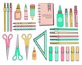 School sticker set. School accessories. Stationery on a white isolated background. Scissors, triangle ruler, pencils, pens and Royalty Free Stock Photo