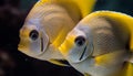 School of striped clown fish swim below coral reef generated by AI