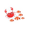 School Of Stripy Red Tropical Fish And A Red Crab Set Of Marine Animals