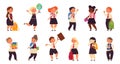 School student characters. Schoolboys friends, kids with backpack. Isolated autumn children education, pupil holding Royalty Free Stock Photo