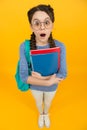 School student small girl going to school knowledge day, surprising news concept