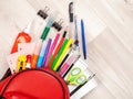 School student supplies for teaching, studying, scattered from the school bag backpack, new school Royalty Free Stock Photo