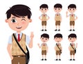 School student vector character set. Boy 3d back to school students in uniform with friendly pose and facial expression for male e
