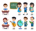 School students vector characters set. Young happy kids cartoon characters doing educational activities