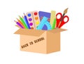 School stuff in cardboard box. Vector cartoon illustration with education