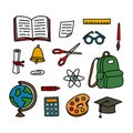 School stuff doodle icons, vector color line illustration