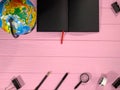 School subjects on a pink background, globe. Royalty Free Stock Photo