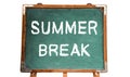 School Summer Break text message in white chalk written on a school green old grungy vintage wooden chalkboard or blackboard Royalty Free Stock Photo