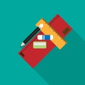 School supplier set Pencil, Pencil case, Pencil sharpener, Eraser and Ruler flat vector design. Royalty Free Stock Photo