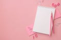 School stationery supply accessories on pink background, flat lay, copy space.