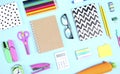 School supplies accessories top view on blue background,back to school objects Royalty Free Stock Photo