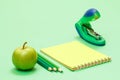 School supplies. Apple, color pencils, notebook and stapler Royalty Free Stock Photo