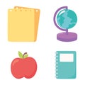 School supplies apple globe map notebbok and papers icons