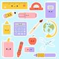 School supplies. Back to school. Big stickers set of hand draw school items. Books, pencils, pens, notebooks, erasers