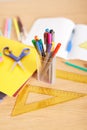 School supplies background. Back to school concept. Items for school. Office desk with copy space. Flat lay. Education and school Royalty Free Stock Photo