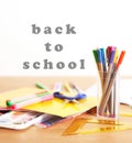 School supplies background. Back to school concept. Items for school. Office desk with copy space. Flat lay. Education and school Royalty Free Stock Photo