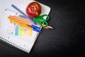 School supplies on the background of blackboard Royalty Free Stock Photo