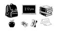 School supplies backpack chalkboard books apple sharpener pencil note vector illustration Royalty Free Stock Photo