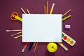 School supplies on black board background. Back to school concept. Frame, flatlay, copy space for text. Royalty Free Stock Photo