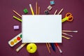 School supplies on black board background. Back to school concept. Frame, flatlay, copy space for text. Royalty Free Stock Photo