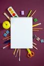 School supplies on black board background. Back to school concept. Frame, flatlay, copy space for text. Royalty Free Stock Photo