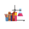 School supplies - books, pencils, a chemical flask Royalty Free Stock Photo