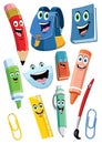 School supplies cartoon character set Royalty Free Stock Photo