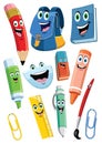 School supplies cartoon character set