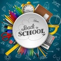 School supplies in a circle on blue background Royalty Free Stock Photo