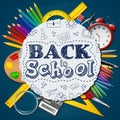 School supplies in a circle on blue background Royalty Free Stock Photo