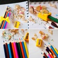 School supplies collage - Colored pencils, sharpener, shavings Royalty Free Stock Photo
