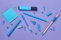 School supplies on colorful background.