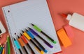 School supplies, colors pencils, notebook, glue Royalty Free Stock Photo