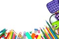 School supplies corner border on a white background Royalty Free Stock Photo