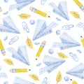 pattern with school supplies. cute print on back to school theme. bright children\'s print with pencils and paper airplanes Royalty Free Stock Photo