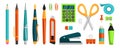 School supplies. Cute stationery. Pen and pencil. Study tongs. Stapler and glue. Adhesive tape. Scissors or highlighter