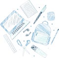 School supplies and e-learning items sketch style blue coloring pencils design circle composition Royalty Free Stock Photo