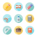 School supplies flat round icons with long shadow Royalty Free Stock Photo