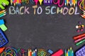 School supplies frame with Back To School written in colorful chalk