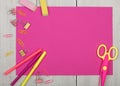 School supplies for girls - pink paper, scissors, stickers, eraser and other accessories