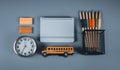 School supplies on gray. Royalty Free Stock Photo